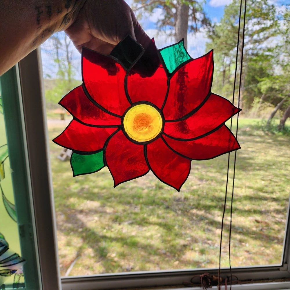 Vintage Stained Glass Poinsettia‎ Sun Catcher Christmas Flower Holiday Classic